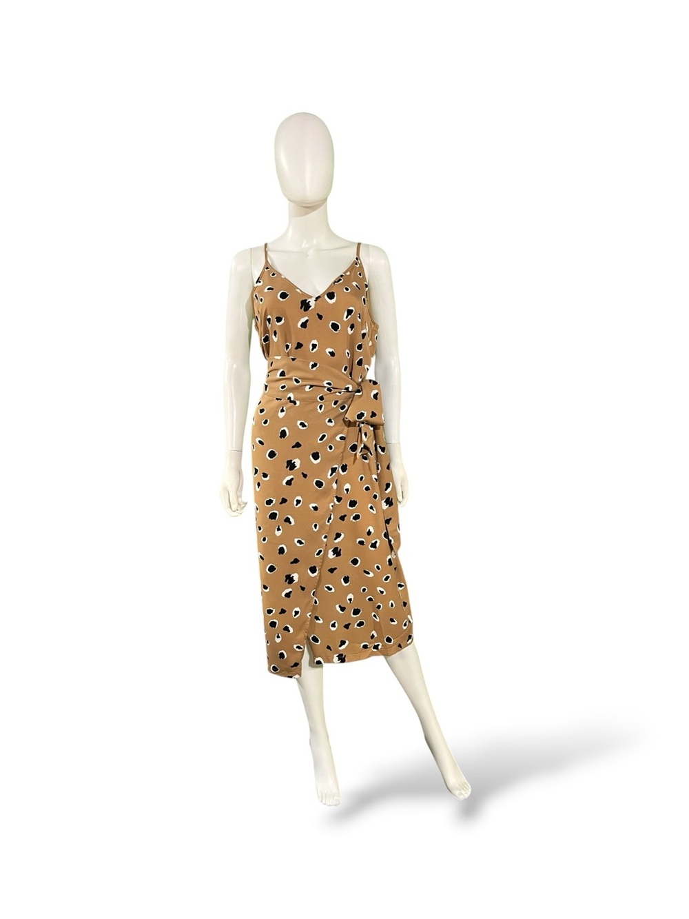 Shein Tan Animal Print Spaghetti Strap Faux Wrap Midi Dress, Large